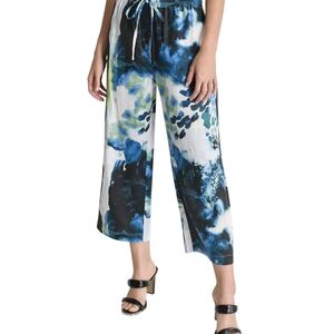 DKNY Floral Print Linen Pull On Ankle Pants Abstract Peacock Women XL Blue